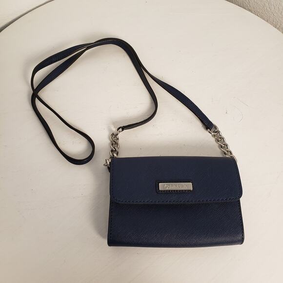 Calvin Klein Small Navy Crossbody Purse Silver Chain Textured Faux Leather - Picture 2 of 8